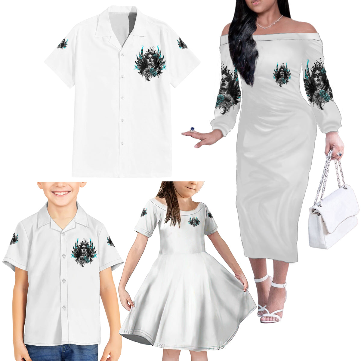 I Am The Storm Sugar Skull Family Matching Off Shoulder Long Sleeve Dress and Hawaiian Shirt - Wonder Print Shop