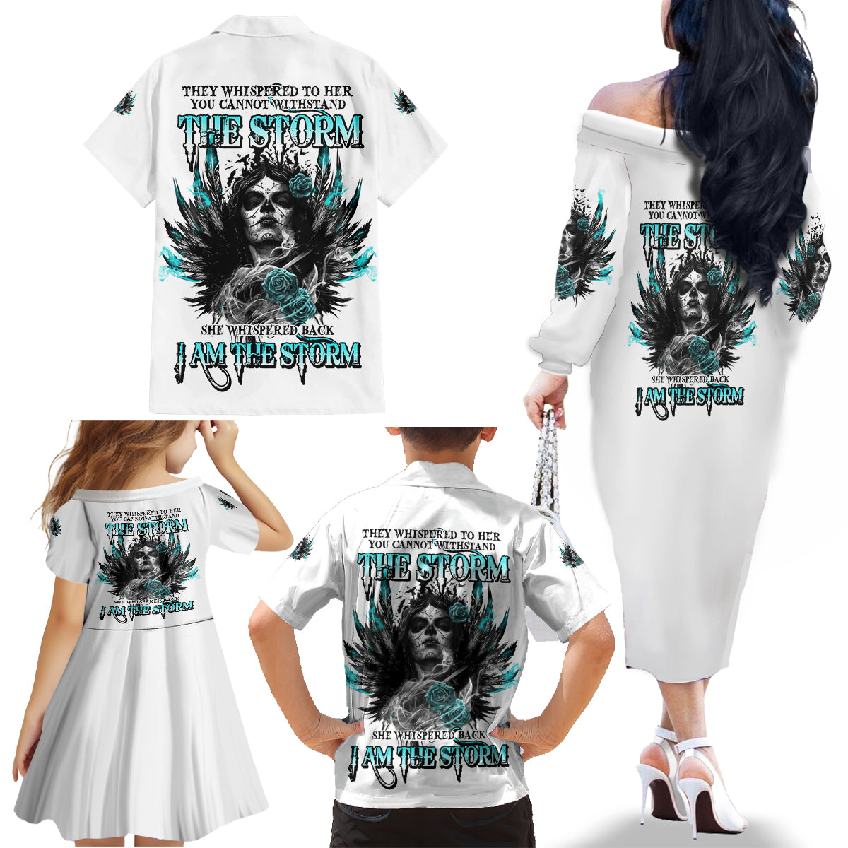 I Am The Storm Sugar Skull Family Matching Off Shoulder Long Sleeve Dress and Hawaiian Shirt - Wonder Print Shop