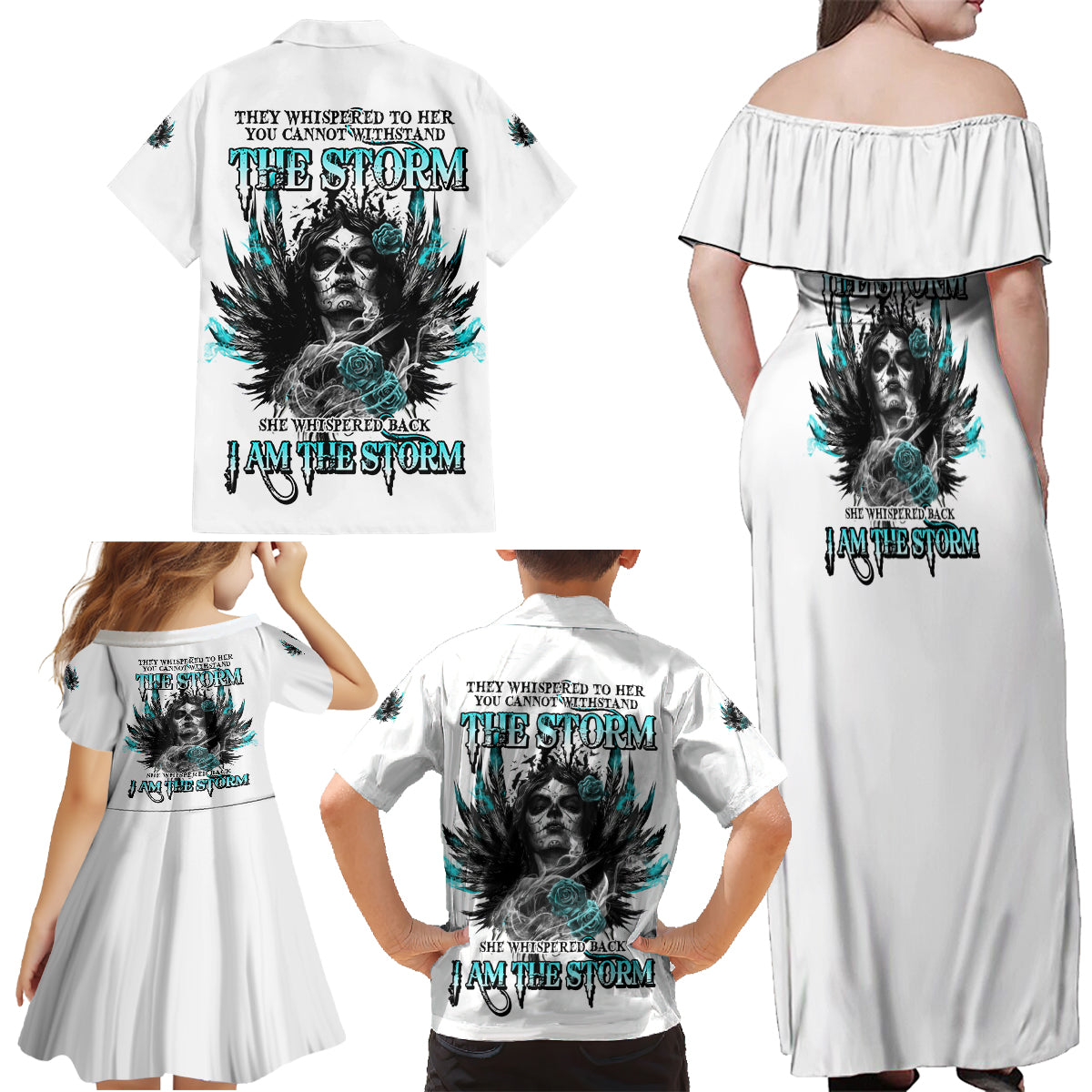 I Am The Storm Sugar Skull Family Matching Off Shoulder Maxi Dress and Hawaiian Shirt - Wonder Print Shop