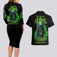 I'm Never Alone My Demons Are With Me 24/7 Couples Matching Long Sleeve Bodycon Dress and Hawaiian Shirt - Wonder Print Shop