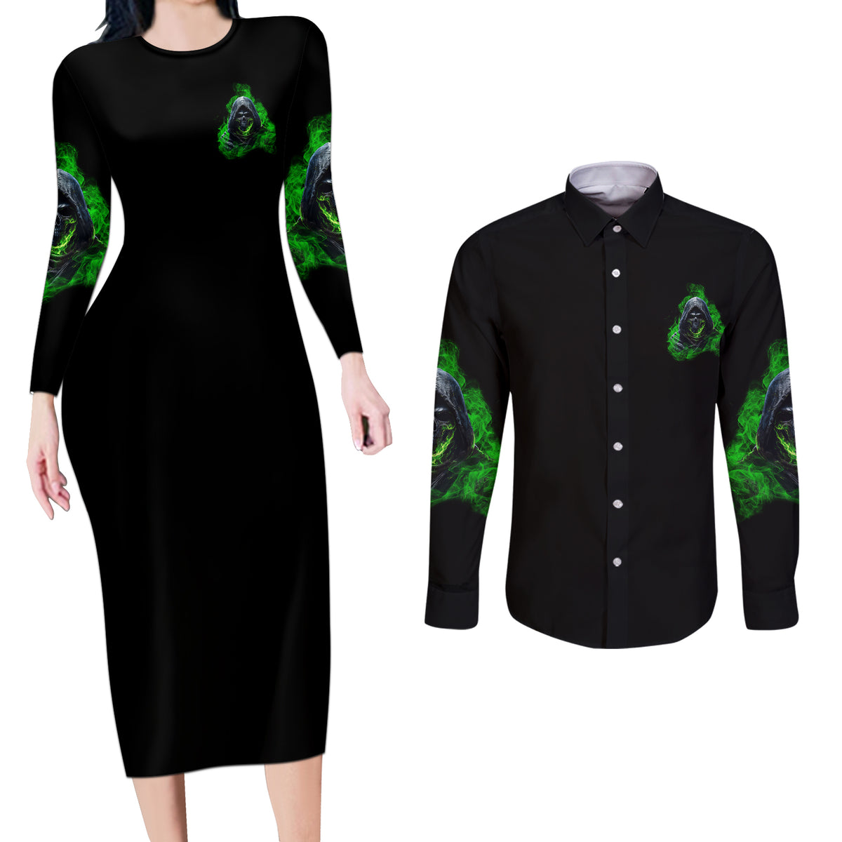 I'm Never Alone My Demons Are With Me 24/7 Couples Matching Long Sleeve Bodycon Dress and Long Sleeve Button Shirt - Wonder Print Shop