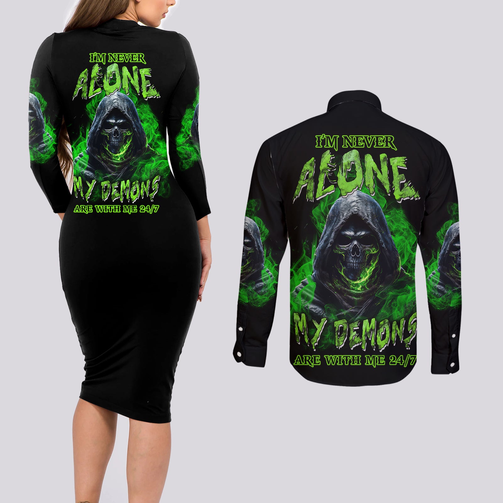 I'm Never Alone My Demons Are With Me 24/7 Couples Matching Long Sleeve Bodycon Dress and Long Sleeve Button Shirt - Wonder Print Shop
