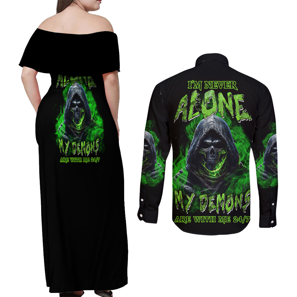I'm Never Alone My Demons Are With Me 24/7 Couples Matching Off Shoulder Maxi Dress and Long Sleeve Button Shirt - Wonder Print Shop