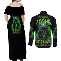 I'm Never Alone My Demons Are With Me 24/7 Couples Matching Off Shoulder Maxi Dress and Long Sleeve Button Shirt - Wonder Print Shop