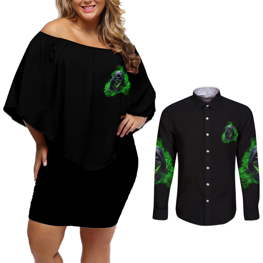 I'm Never Alone My Demons Are With Me 24/7 Couples Matching Off Shoulder Short Dress and Long Sleeve Button Shirt - Wonder Print Shop