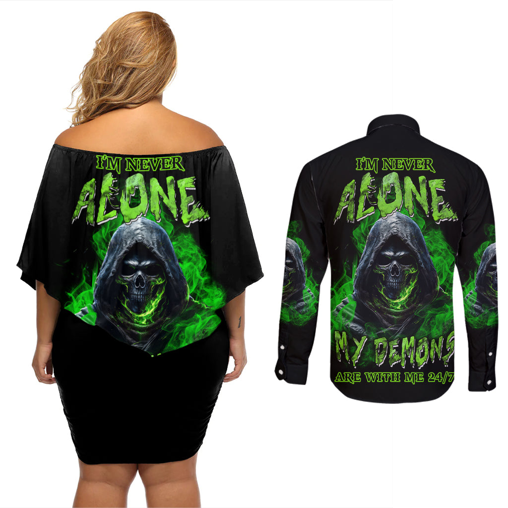 I'm Never Alone My Demons Are With Me 24/7 Couples Matching Off Shoulder Short Dress and Long Sleeve Button Shirt - Wonder Print Shop