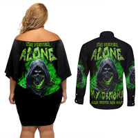 I'm Never Alone My Demons Are With Me 24/7 Couples Matching Off Shoulder Short Dress and Long Sleeve Button Shirt - Wonder Print Shop