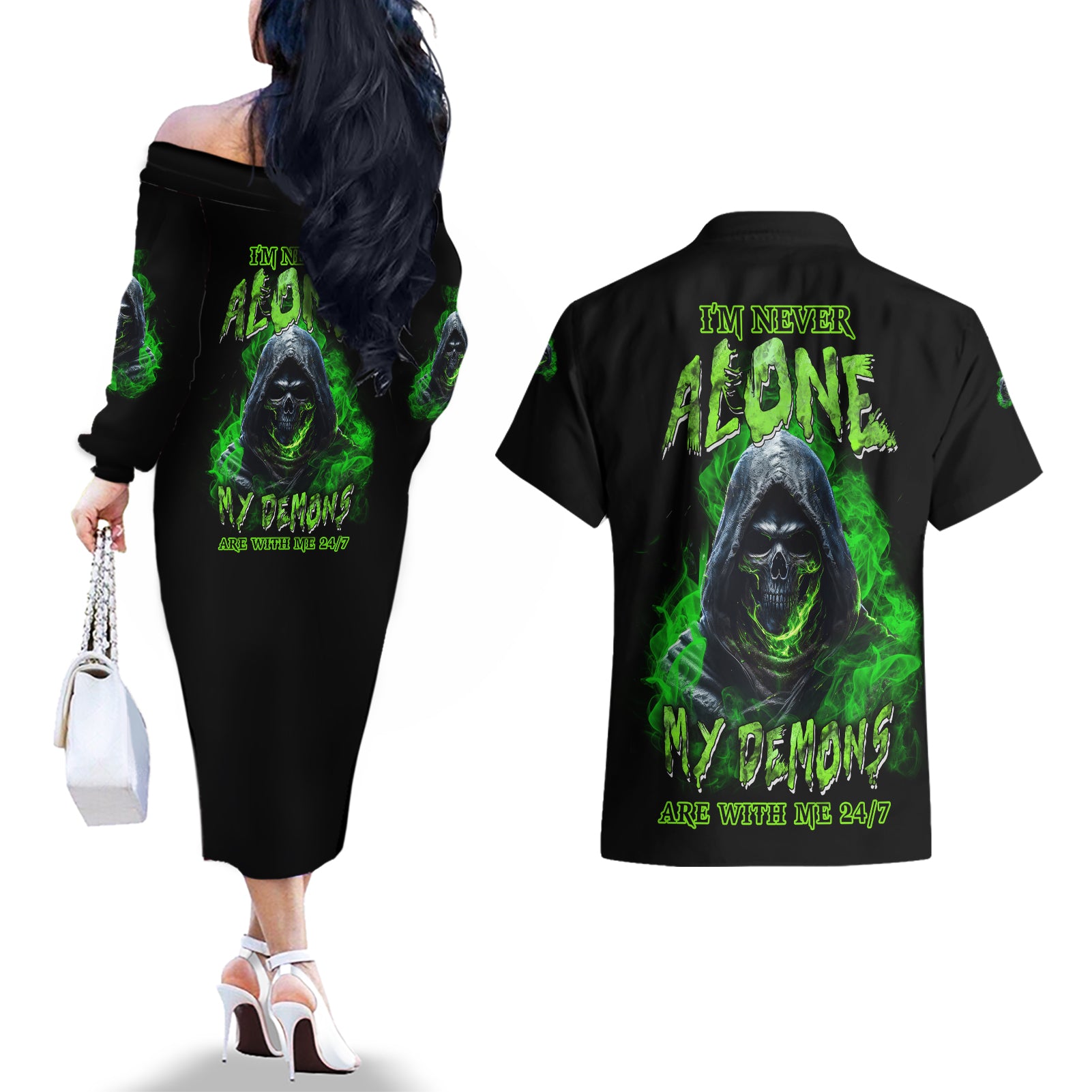 I'm Never Alone My Demons Are With Me 24/7 Couples Matching Off The Shoulder Long Sleeve Dress and Hawaiian Shirt - Wonder Print Shop