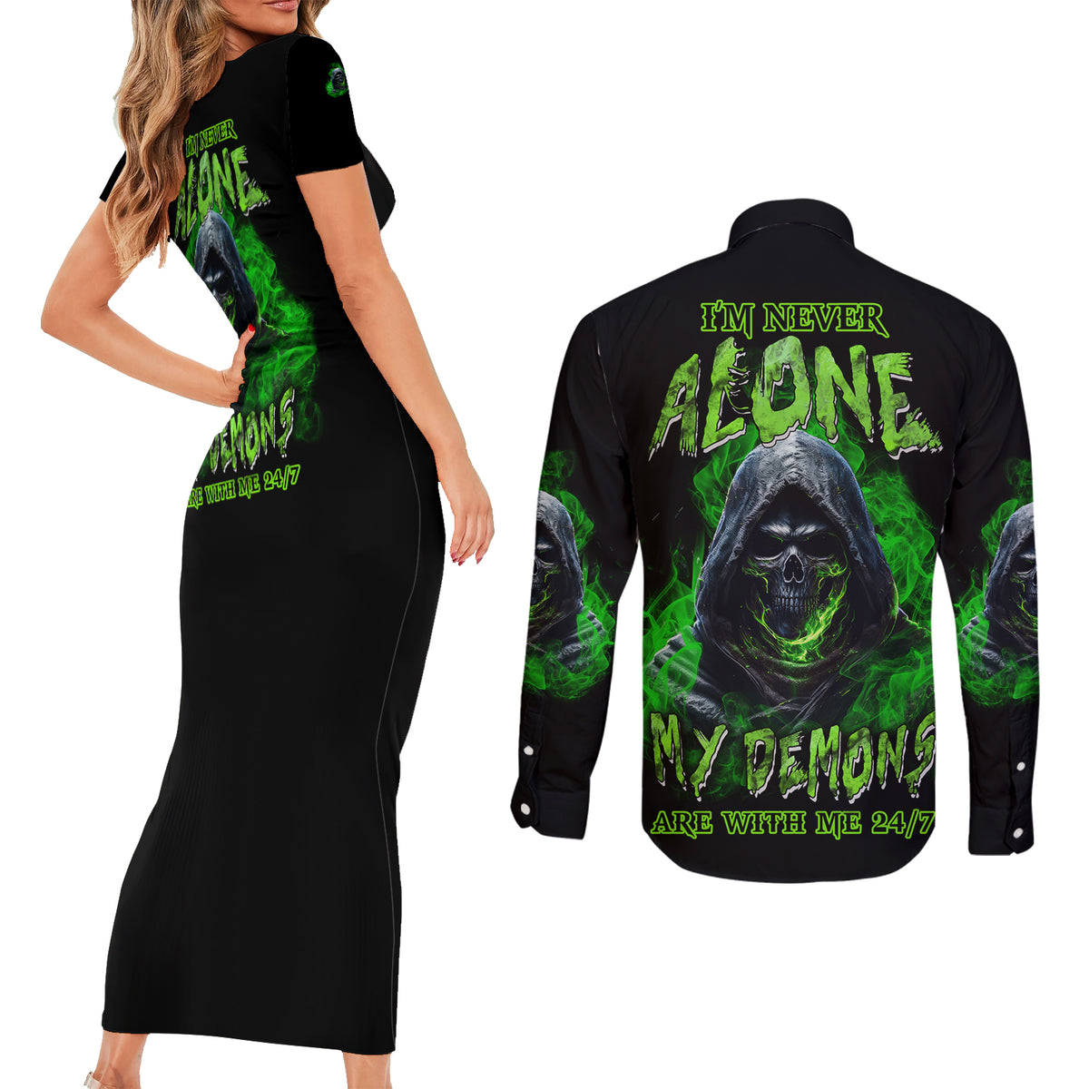 I'm Never Alone My Demons Are With Me 24/7 Couples Matching Short Sleeve Bodycon Dress and Long Sleeve Button Shirt - Wonder Print Shop