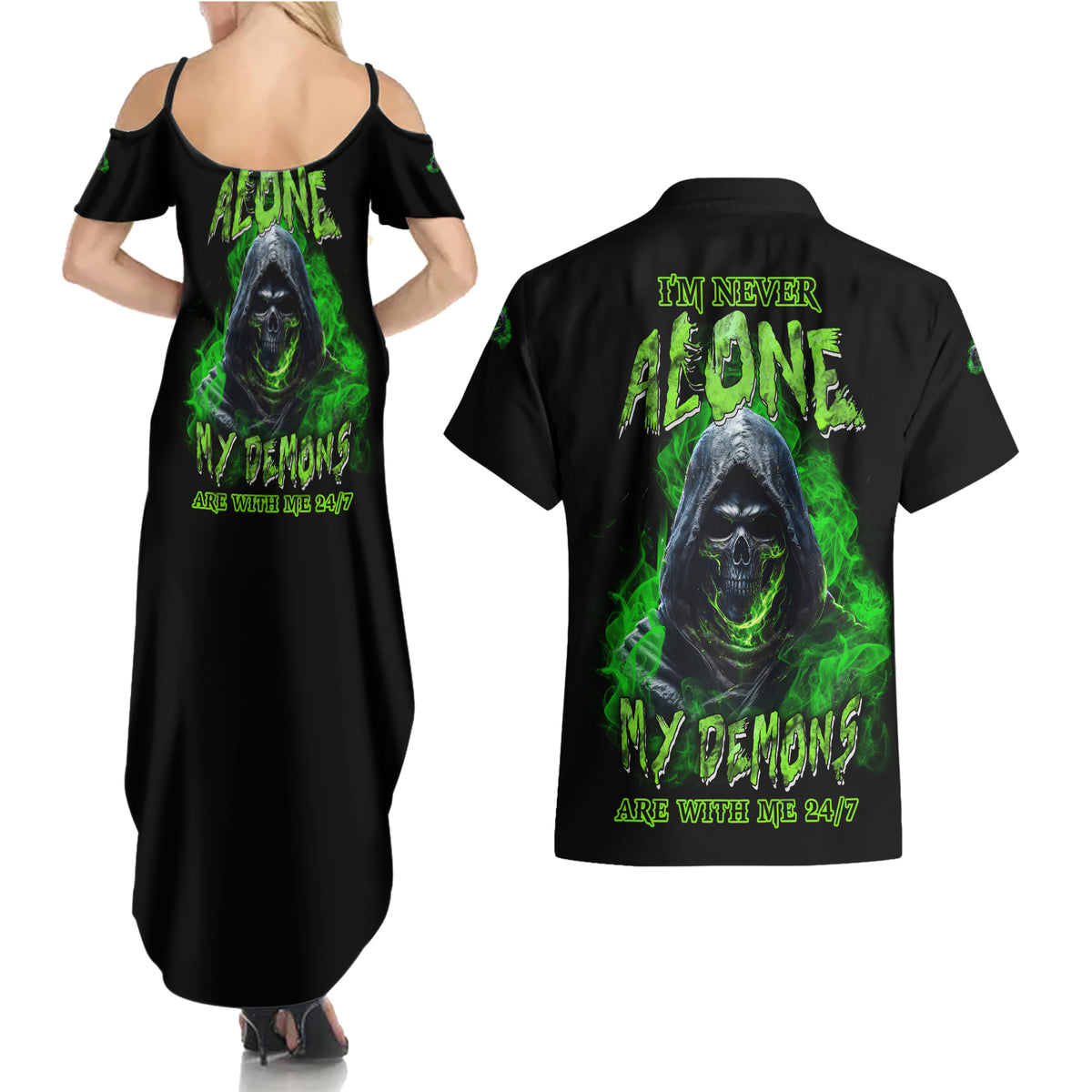 I'm Never Alone My Demons Are With Me 24/7 Couples Matching Summer Maxi Dress and Hawaiian Shirt - Wonder Print Shop