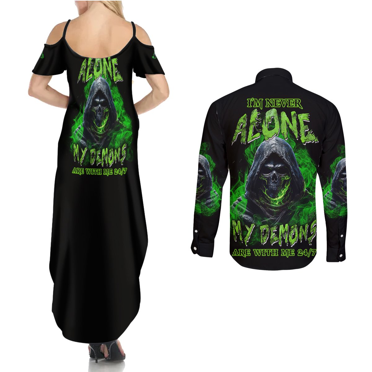 I'm Never Alone My Demons Are With Me 24/7 Couples Matching Summer Maxi Dress and Long Sleeve Button Shirt - Wonder Print Shop