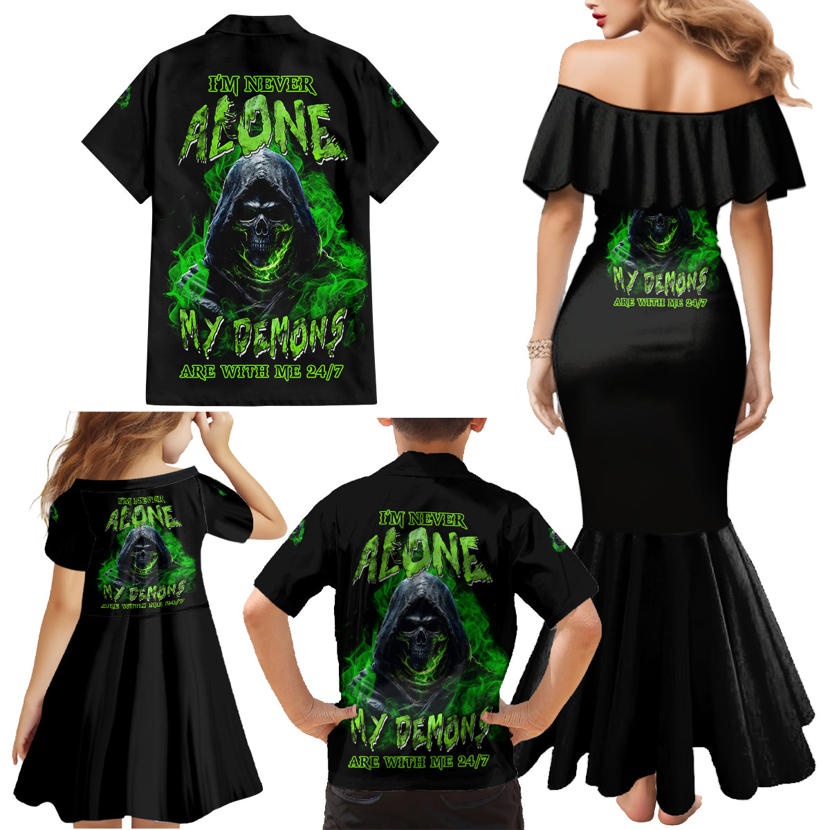 I'm Never Alone My Demons Are With Me 24/7 Family Matching Mermaid Dress and Hawaiian Shirt - Wonder Print Shop