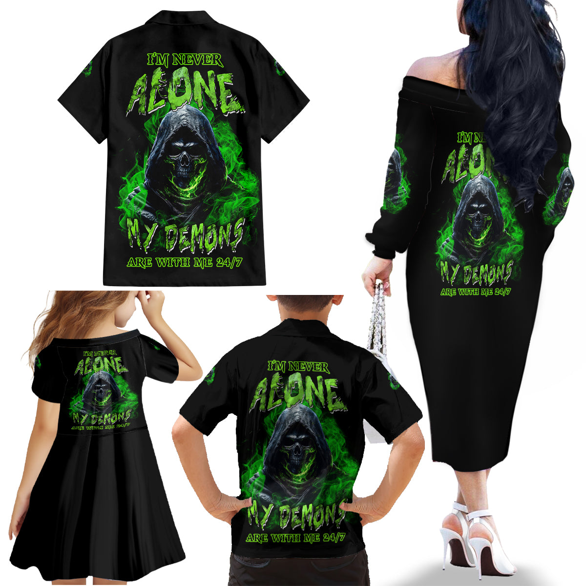 I'm Never Alone My Demons Are With Me 24/7 Family Matching Off Shoulder Long Sleeve Dress and Hawaiian Shirt - Wonder Print Shop