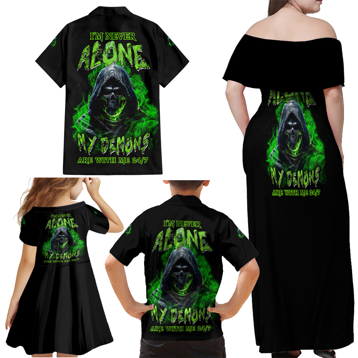 I'm Never Alone My Demons Are With Me 24/7 Family Matching Off Shoulder Maxi Dress and Hawaiian Shirt - Wonder Print Shop
