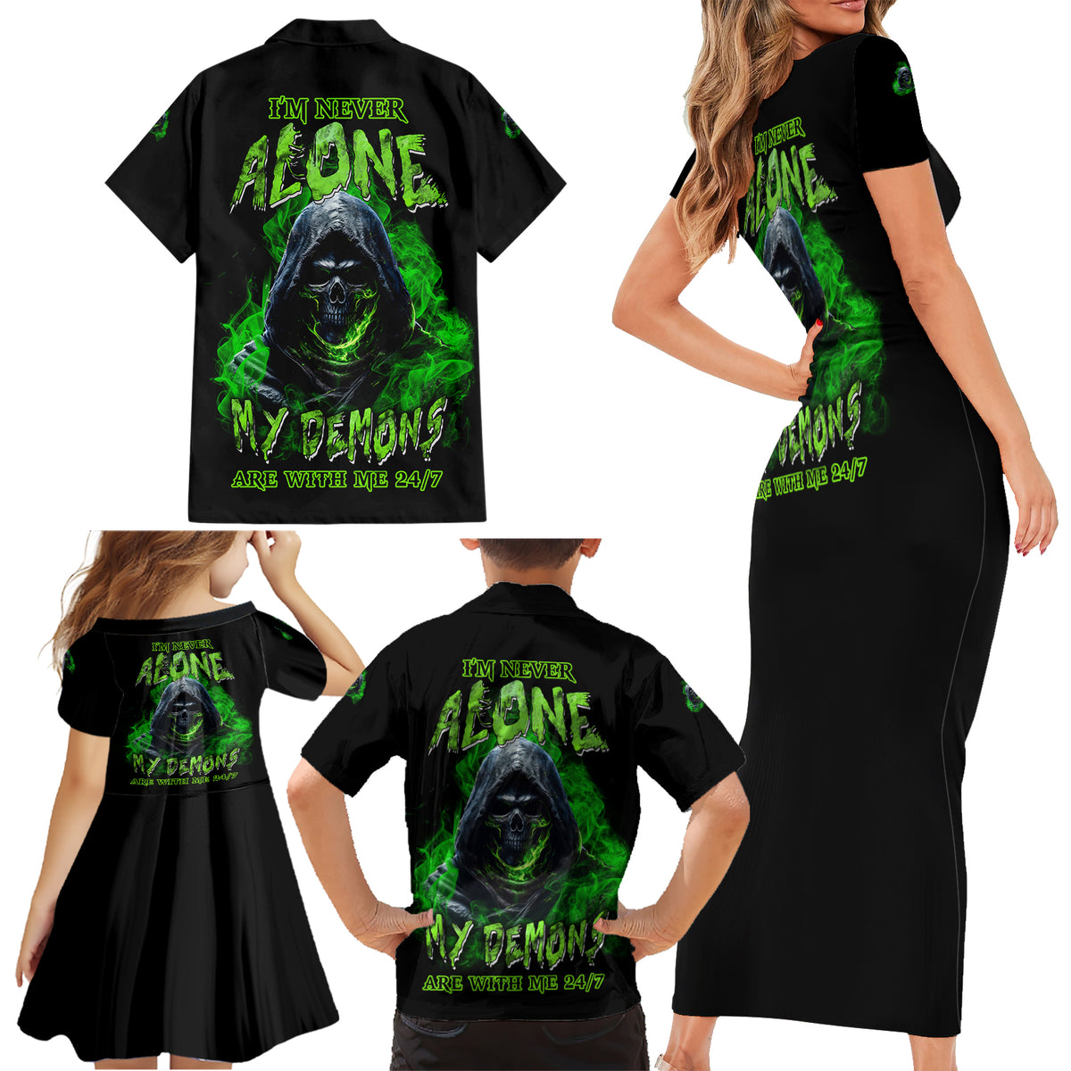 I'm Never Alone My Demons Are With Me 24/7 Family Matching Short Sleeve Bodycon Dress and Hawaiian Shirt - Wonder Print Shop