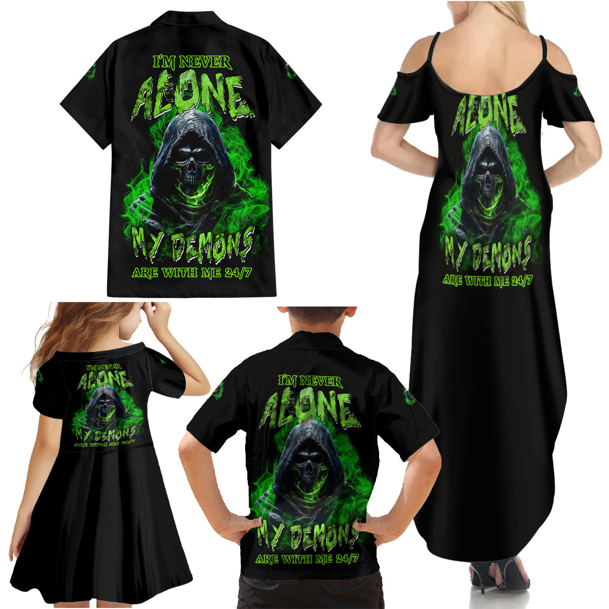 I'm Never Alone My Demons Are With Me 24/7 Family Matching Summer Maxi Dress and Hawaiian Shirt - Wonder Print Shop