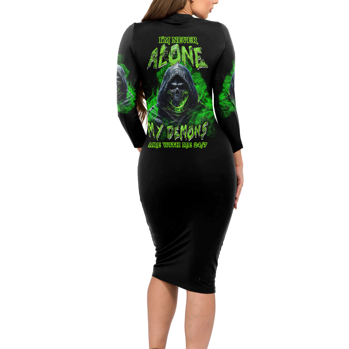I'm Never Alone My Demons Are With Me 24/7 Long Sleeve Bodycon Dress - Wonder Print Shop