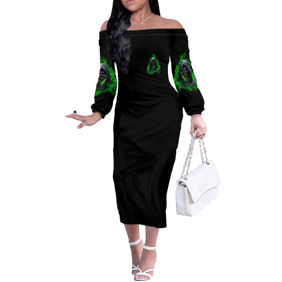 I'm Never Alone My Demons Are With Me 24/7 Off The Shoulder Long Sleeve Dress - Wonder Print Shop