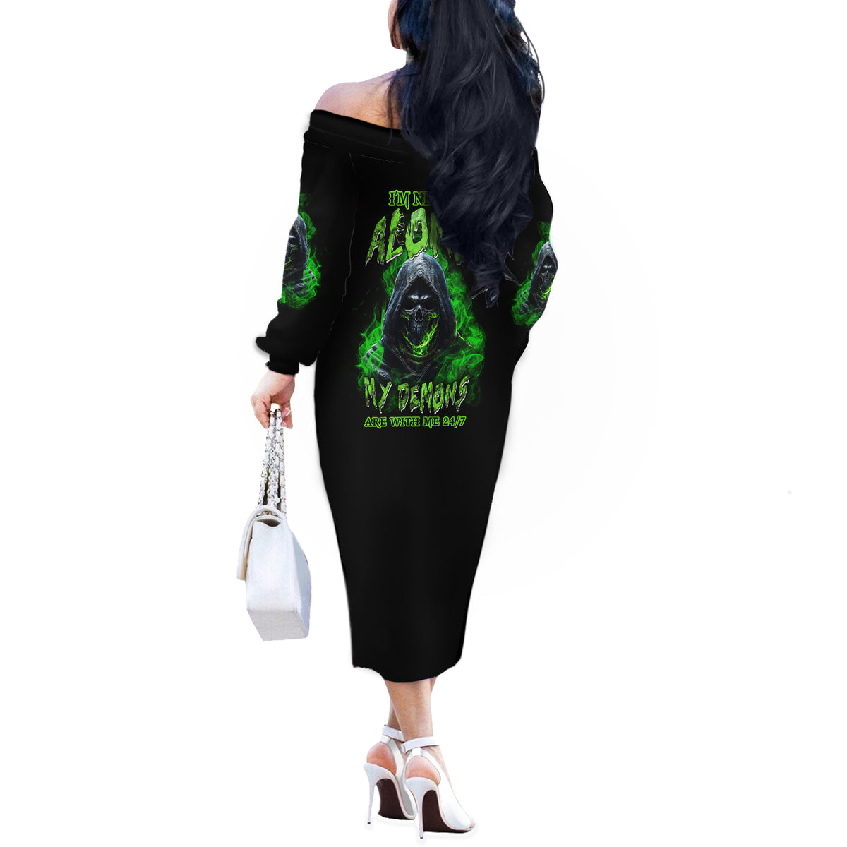 I'm Never Alone My Demons Are With Me 24/7 Off The Shoulder Long Sleeve Dress - Wonder Print Shop
