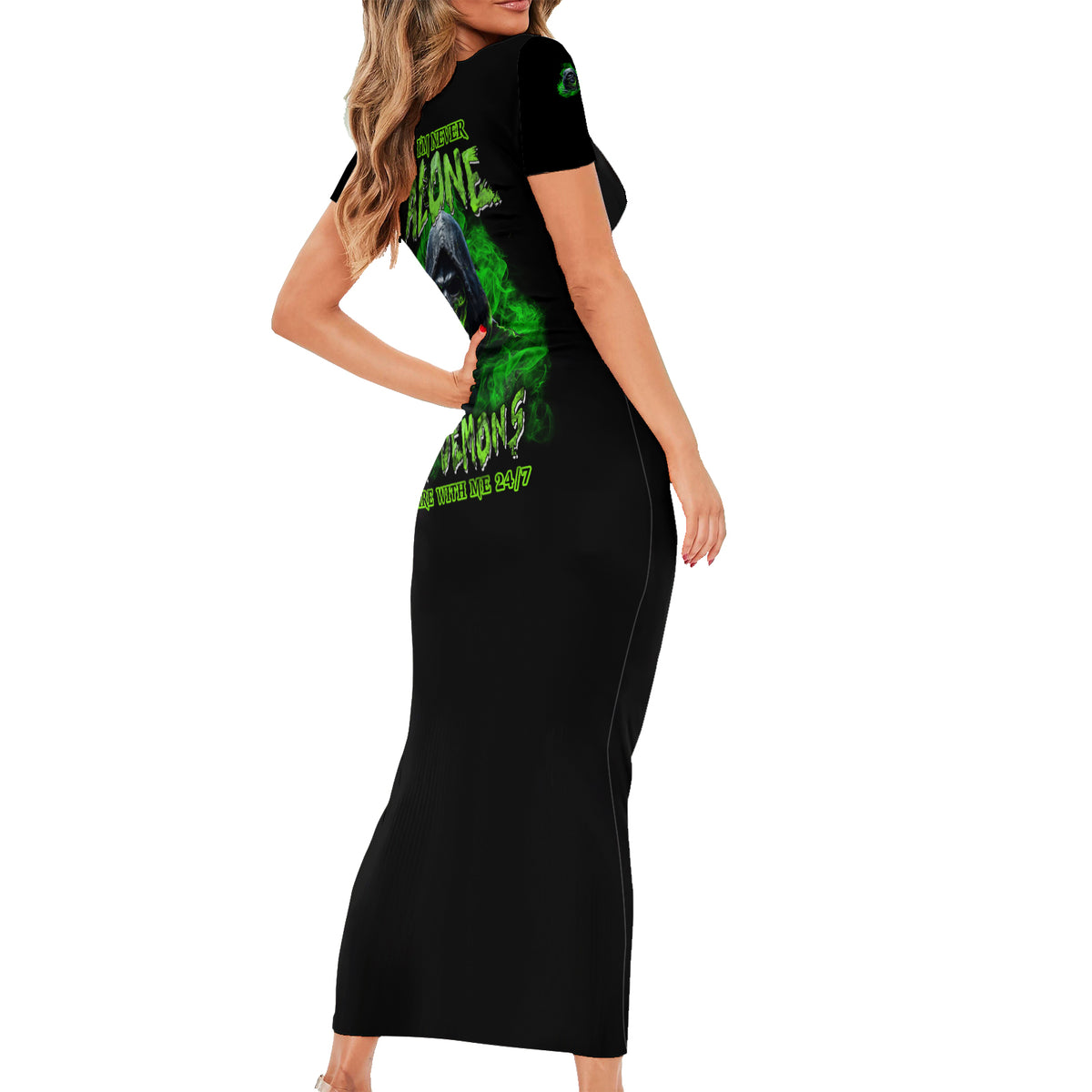 I'm Never Alone My Demons Are With Me 24/7 Short Sleeve Bodycon Dress - Wonder Print Shop