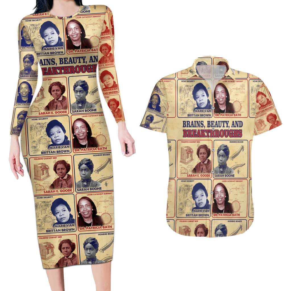 Brains Beauty And Breakthroughs Couples Matching Long Sleeve Bodycon Dress and Hawaiian Shirt African Trailblazing Women Inventors and Innovators - Wonder Print Shop