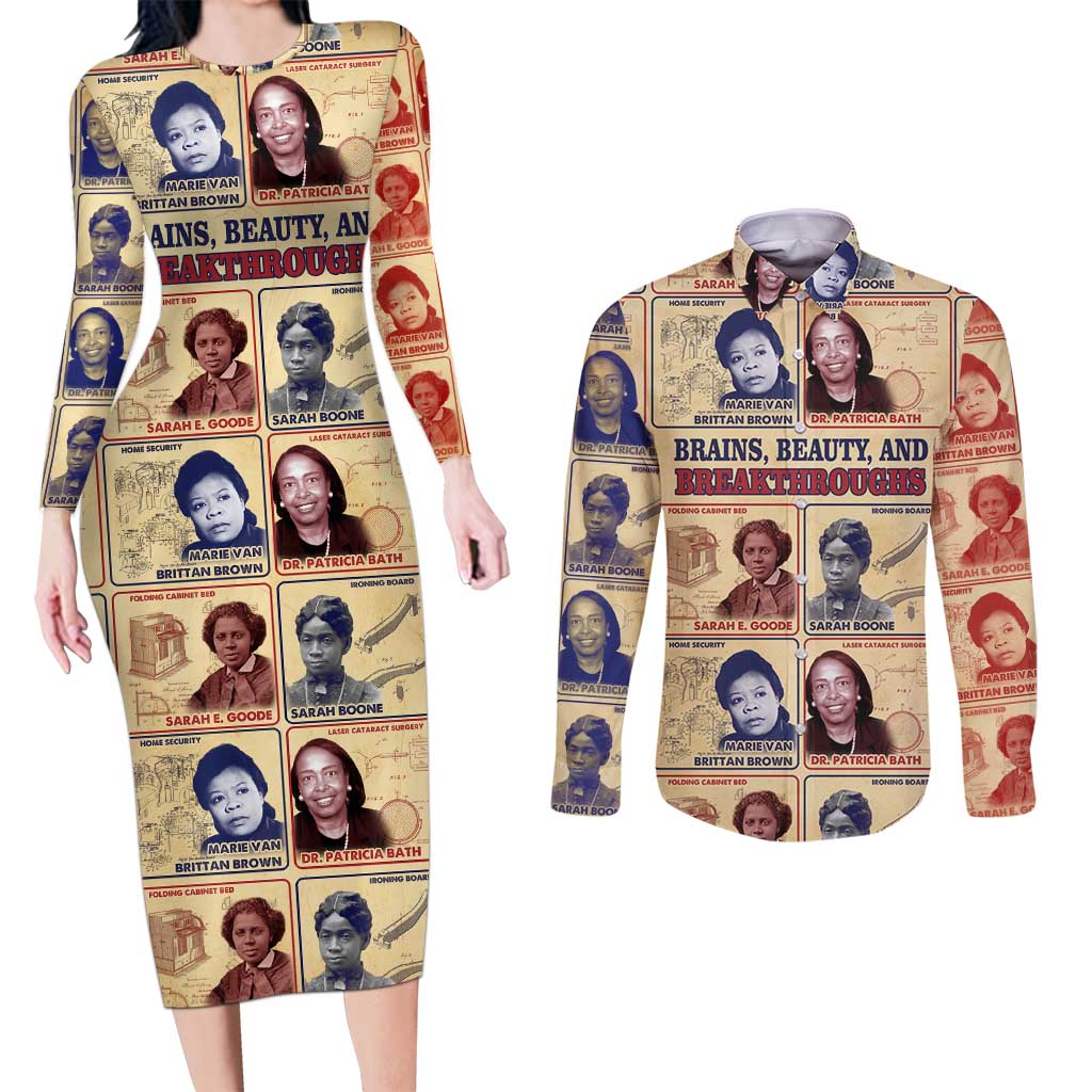 Brains Beauty And Breakthroughs Couples Matching Long Sleeve Bodycon Dress and Long Sleeve Button Shirt African Trailblazing Women Inventors and Innovators - Wonder Print Shop