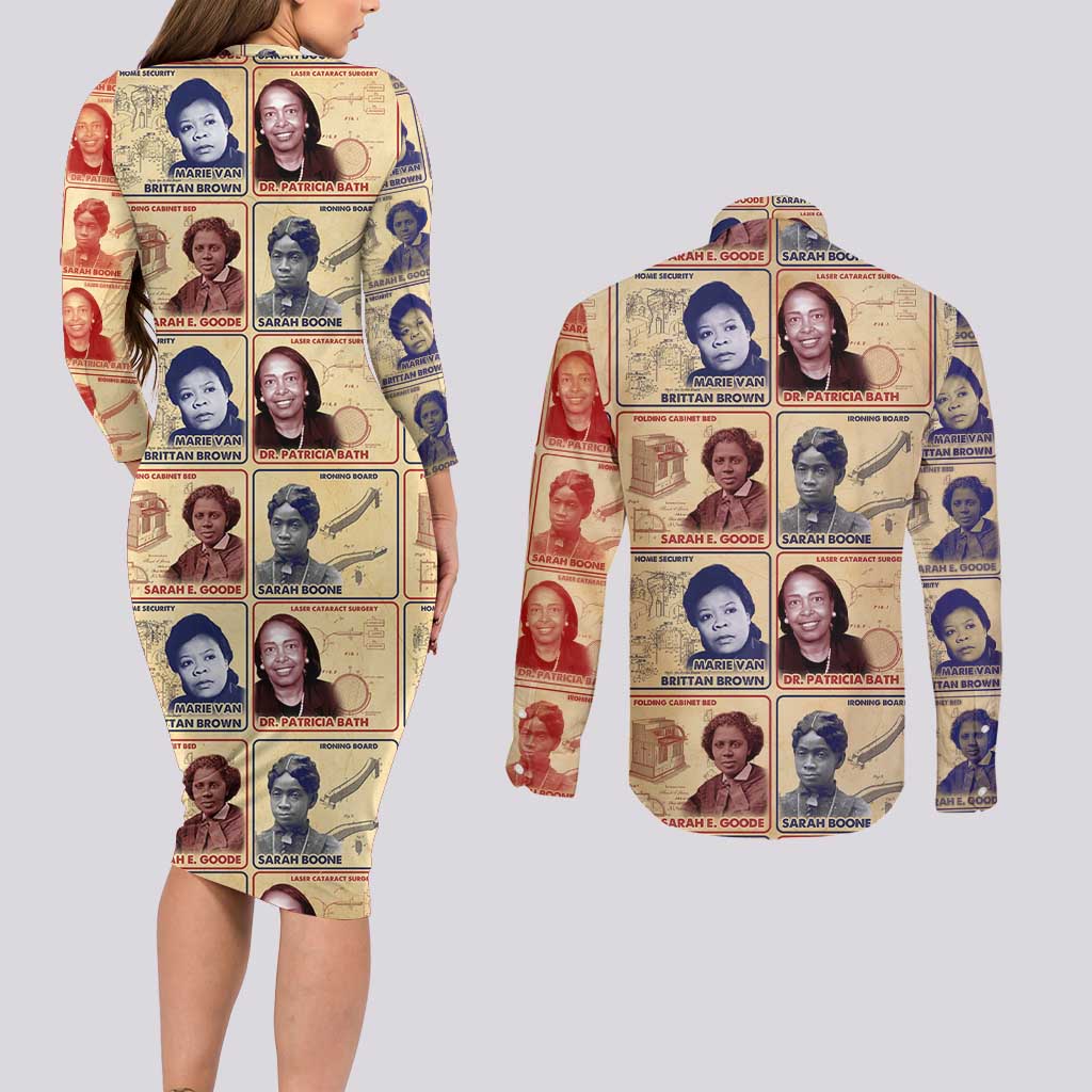 Brains Beauty And Breakthroughs Couples Matching Long Sleeve Bodycon Dress and Long Sleeve Button Shirt African Trailblazing Women Inventors and Innovators - Wonder Print Shop
