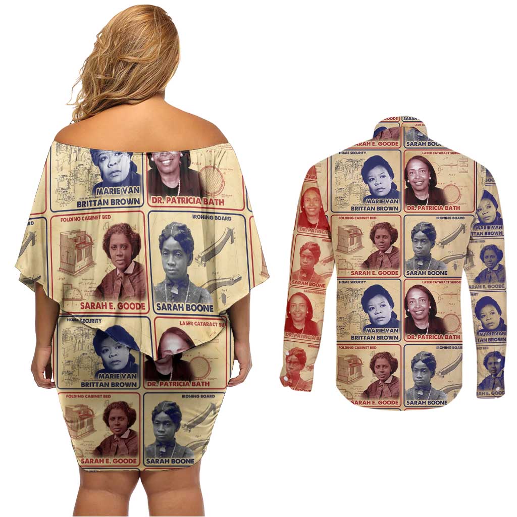 Brains Beauty And Breakthroughs Couples Matching Off Shoulder Short Dress and Long Sleeve Button Shirt African Trailblazing Women Inventors and Innovators - Wonder Print Shop