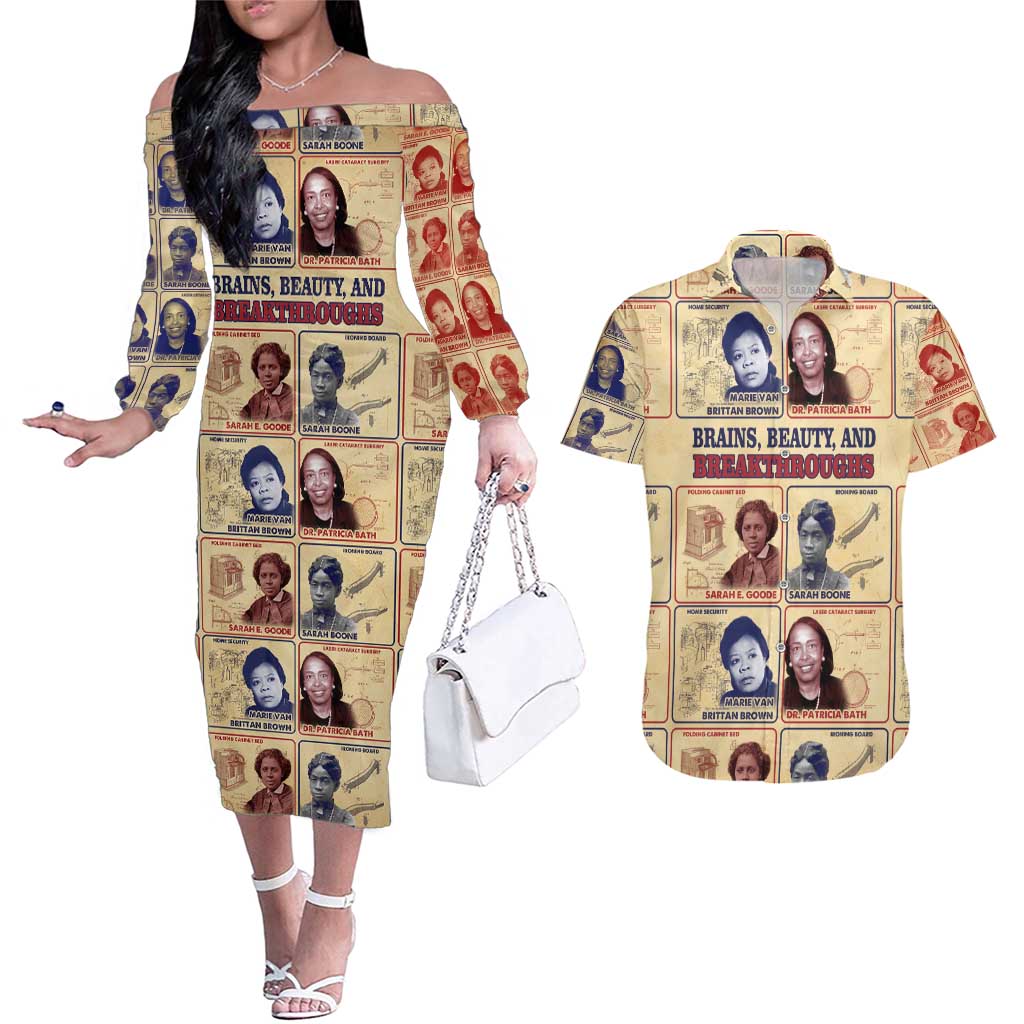 Brains Beauty And Breakthroughs Couples Matching Off The Shoulder Long Sleeve Dress and Hawaiian Shirt African Trailblazing Women Inventors and Innovators - Wonder Print Shop