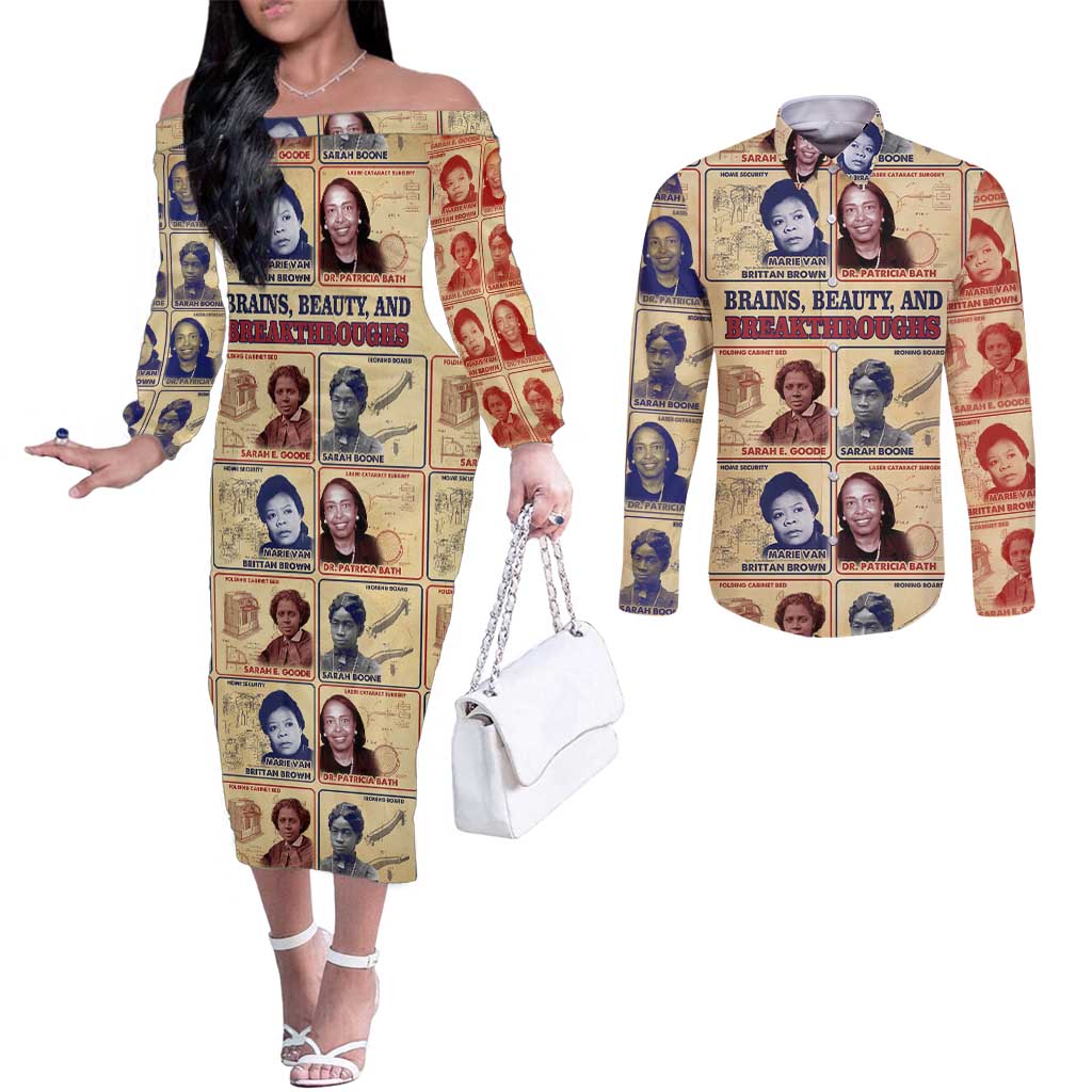 Brains Beauty And Breakthroughs Couples Matching Off The Shoulder Long Sleeve Dress and Long Sleeve Button Shirt African Trailblazing Women Inventors and Innovators - Wonder Print Shop