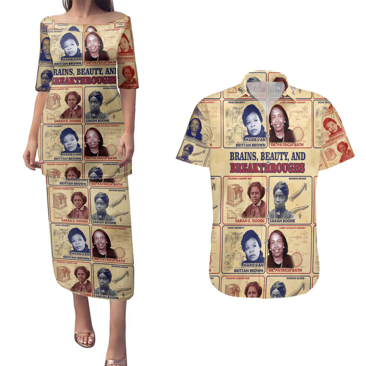 Brains Beauty And Breakthroughs Couples Matching Puletasi and Hawaiian Shirt African Trailblazing Women Inventors and Innovators - Wonder Print Shop