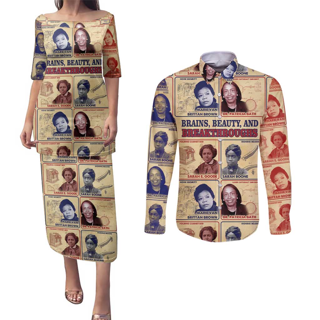 Brains Beauty And Breakthroughs Couples Matching Puletasi and Long Sleeve Button Shirt African Trailblazing Women Inventors and Innovators - Wonder Print Shop