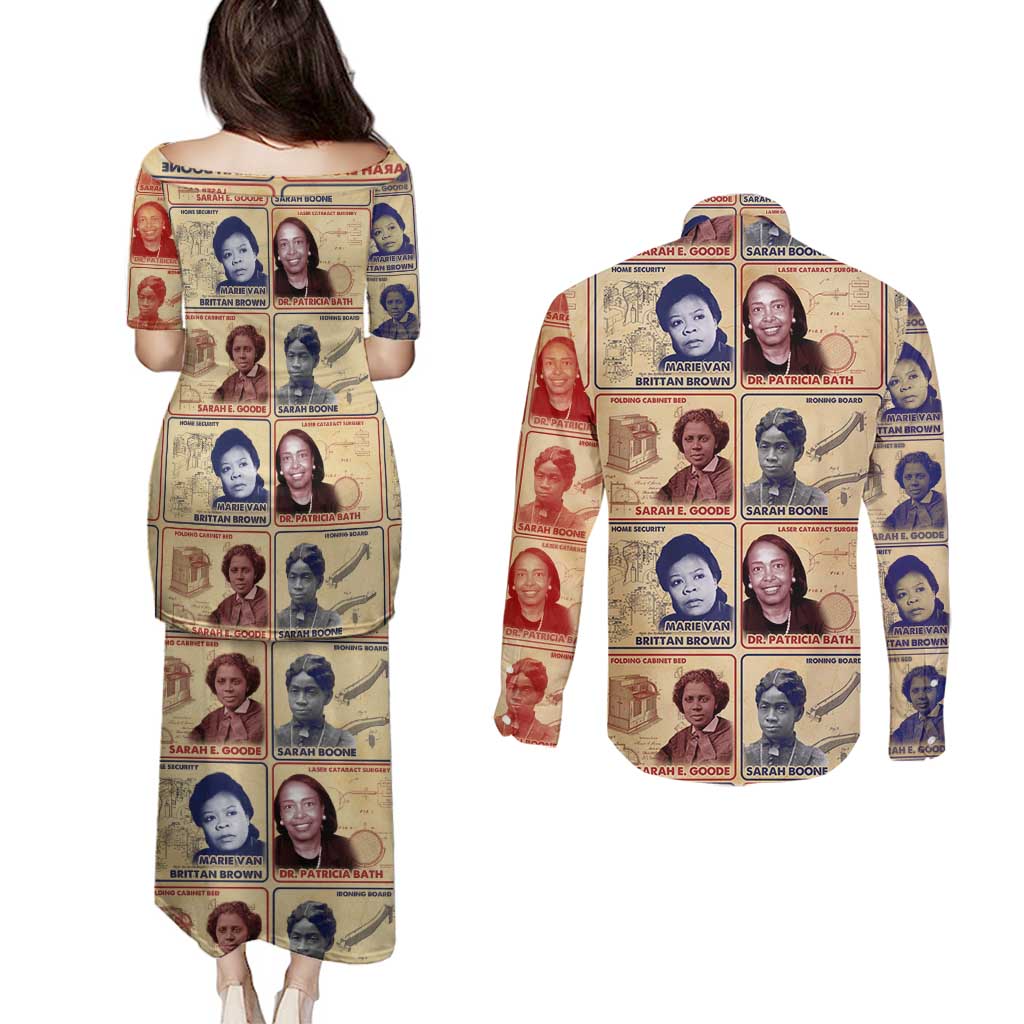 Brains Beauty And Breakthroughs Couples Matching Puletasi and Long Sleeve Button Shirt African Trailblazing Women Inventors and Innovators - Wonder Print Shop