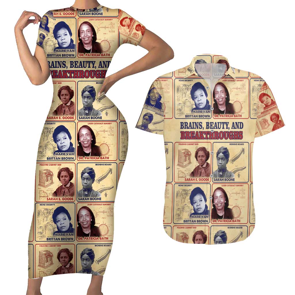 Brains Beauty And Breakthroughs Couples Matching Short Sleeve Bodycon Dress and Hawaiian Shirt African Trailblazing Women Inventors and Innovators - Wonder Print Shop