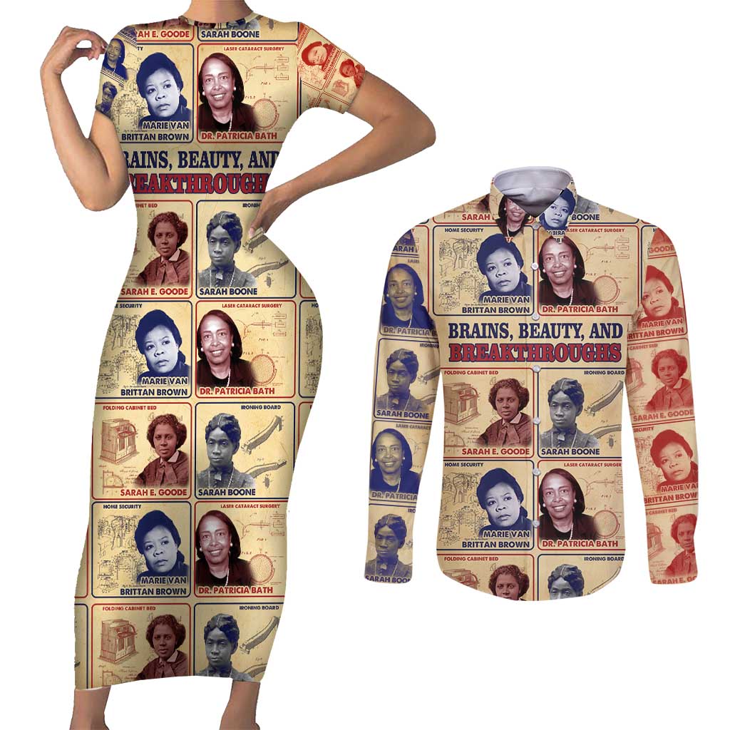 Brains Beauty And Breakthroughs Couples Matching Short Sleeve Bodycon Dress and Long Sleeve Button Shirt African Trailblazing Women Inventors and Innovators - Wonder Print Shop