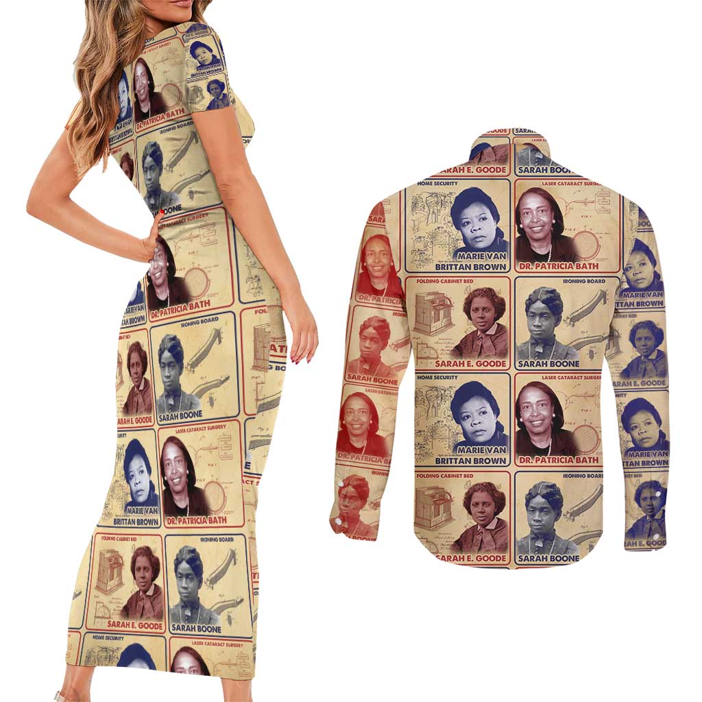 Brains Beauty And Breakthroughs Couples Matching Short Sleeve Bodycon Dress and Long Sleeve Button Shirt African Trailblazing Women Inventors and Innovators - Wonder Print Shop