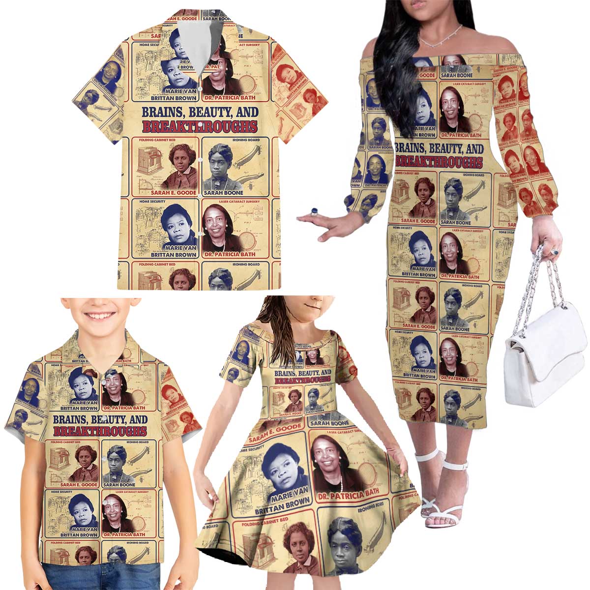 Brains Beauty And Breakthroughs Family Matching Off The Shoulder Long Sleeve Dress and Hawaiian Shirt African Trailblazing Women Inventors and Innovators - Wonder Print Shop