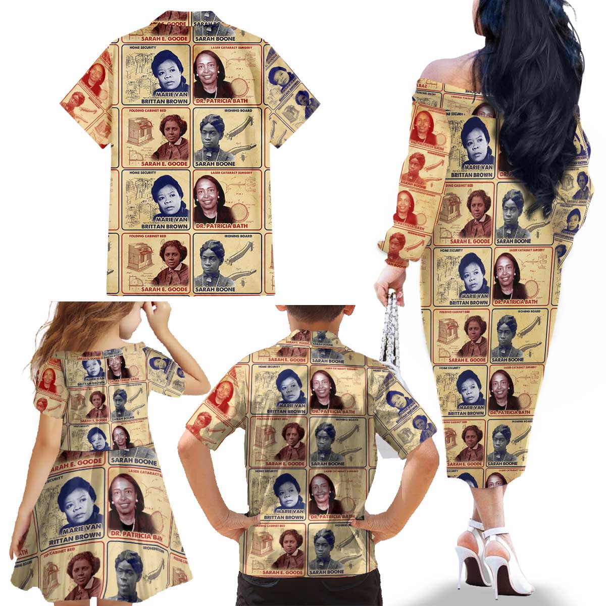 Brains Beauty And Breakthroughs Family Matching Off The Shoulder Long Sleeve Dress and Hawaiian Shirt African Trailblazing Women Inventors and Innovators - Wonder Print Shop