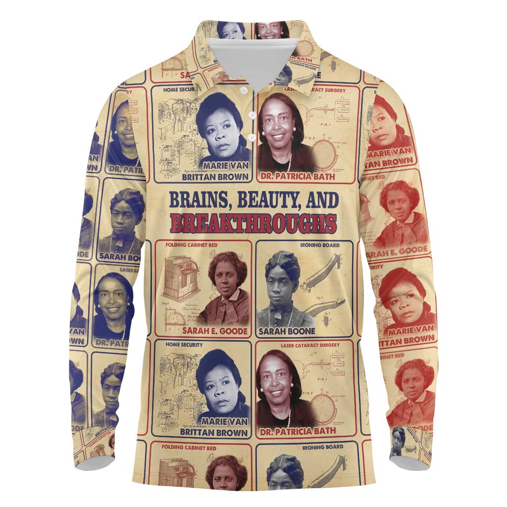 Brains Beauty And Breakthroughs Long Sleeve Polo Shirt African Trailblazing Women Inventors and Innovators - Wonder Print Shop