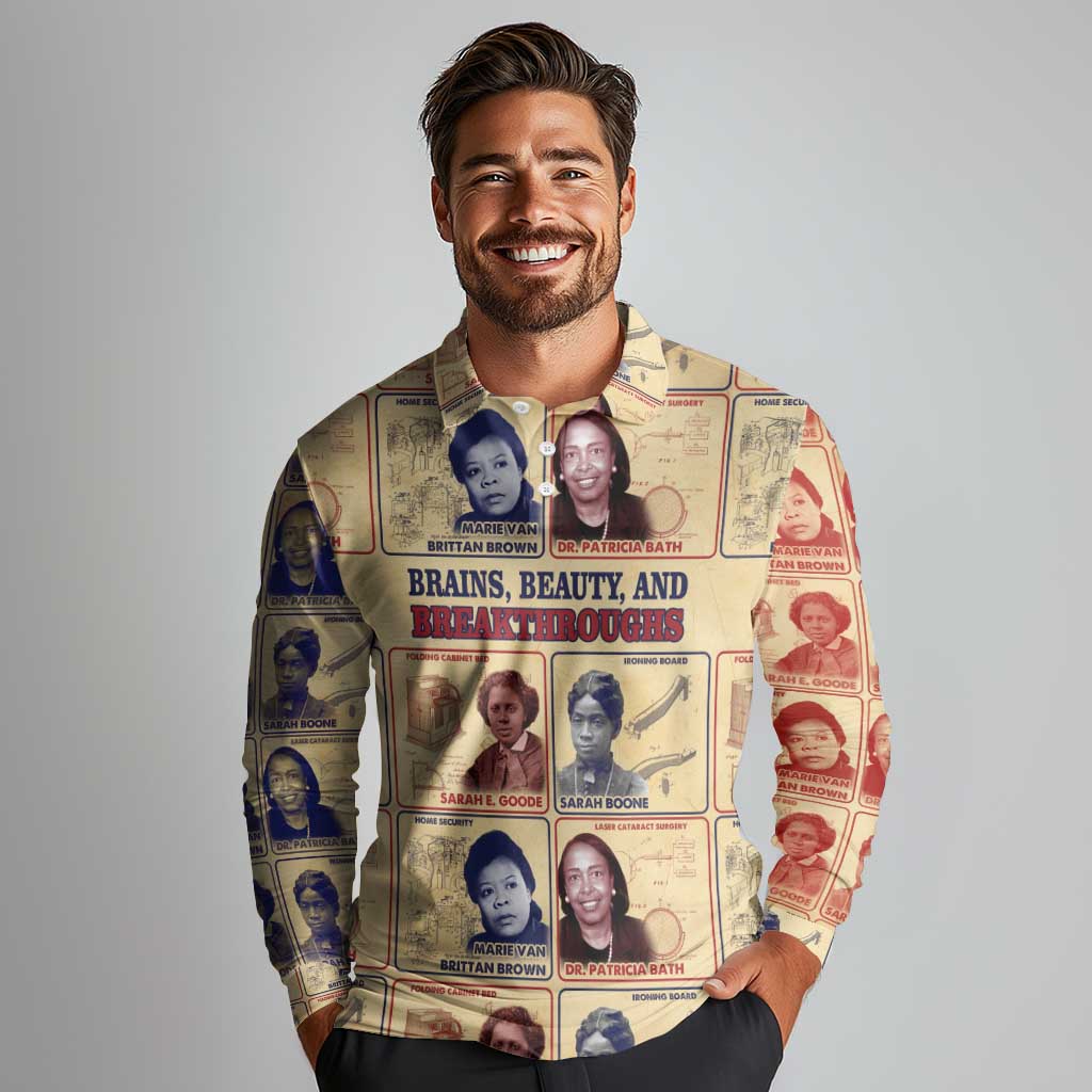 Brains Beauty And Breakthroughs Long Sleeve Polo Shirt African Trailblazing Women Inventors and Innovators - Wonder Print Shop