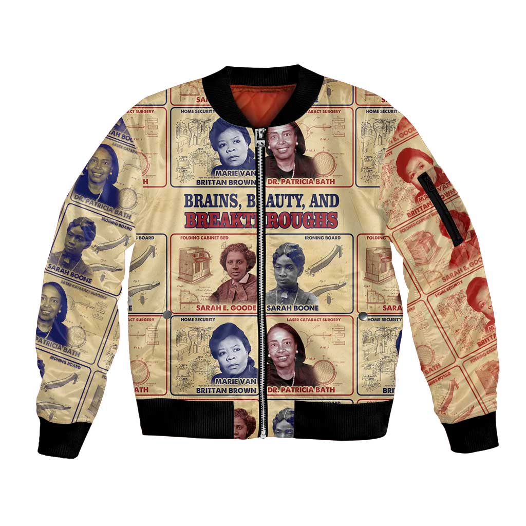 Brains Beauty And Breakthroughs Sleeve Zip Bomber Jacket African Trailblazing Women Inventors and Innovators - Wonder Print Shop