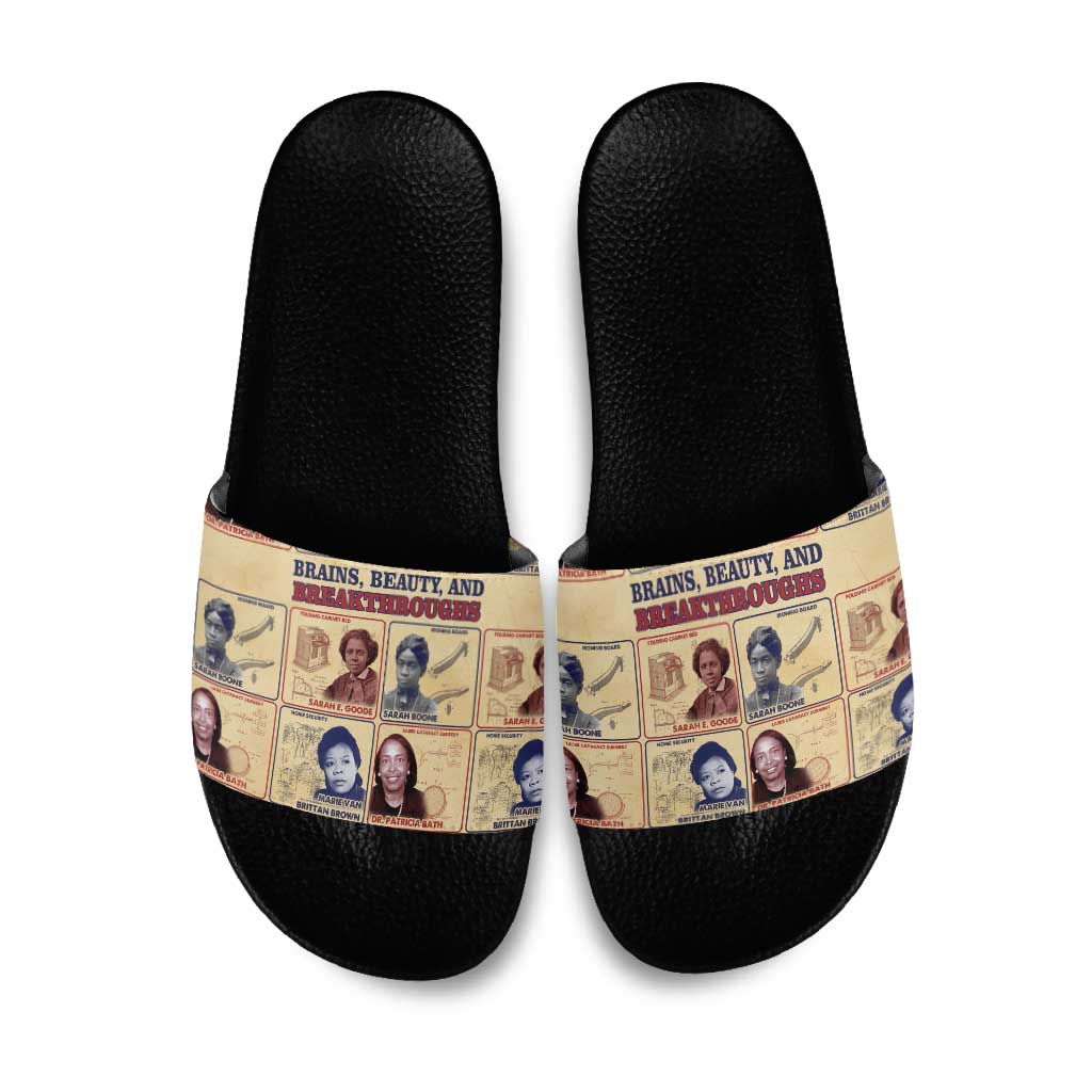 Brains Beauty And Breakthroughs Slide Sandals African Trailblazing Women Inventors and Innovators - Wonder Print Shop