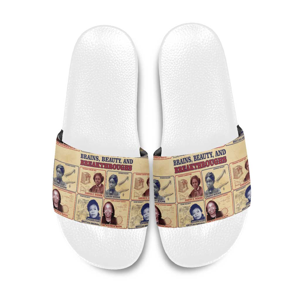 Brains Beauty And Breakthroughs Slide Sandals African Trailblazing Women Inventors and Innovators - Wonder Print Shop