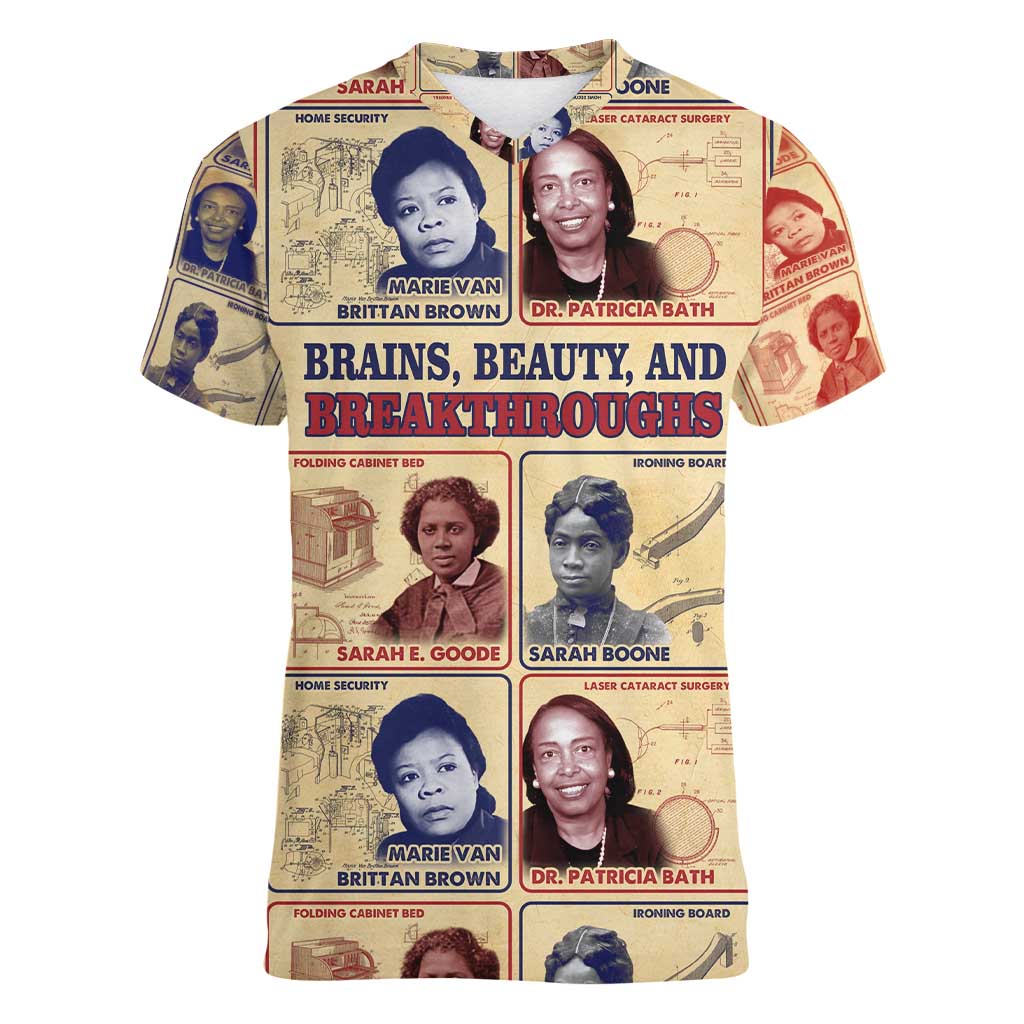 Brains Beauty And Breakthroughs Women V-Neck T-Shirt African Trailblazing Women Inventors and Innovators - Wonder Print Shop