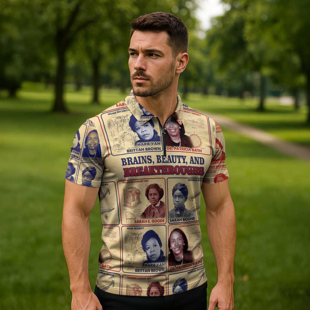 Brains Beauty And Breakthroughs Zipper Polo Shirt African Trailblazing Women Inventors and Innovators - Wonder Print Shop