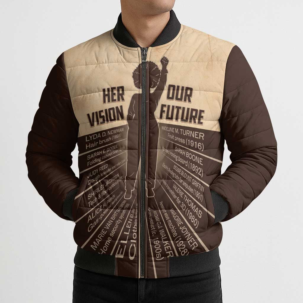 Her Vision Our Future Bomber Puffer Jacket African Influential Black Women Inventors and Pioneers - Wonder Print Shop