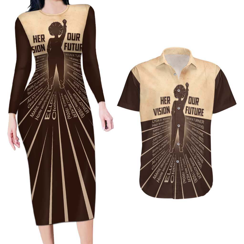 Her Vision Our Future Couples Matching Long Sleeve Bodycon Dress and Hawaiian Shirt African Influential Black Women Inventors and Pioneers - Wonder Print Shop
