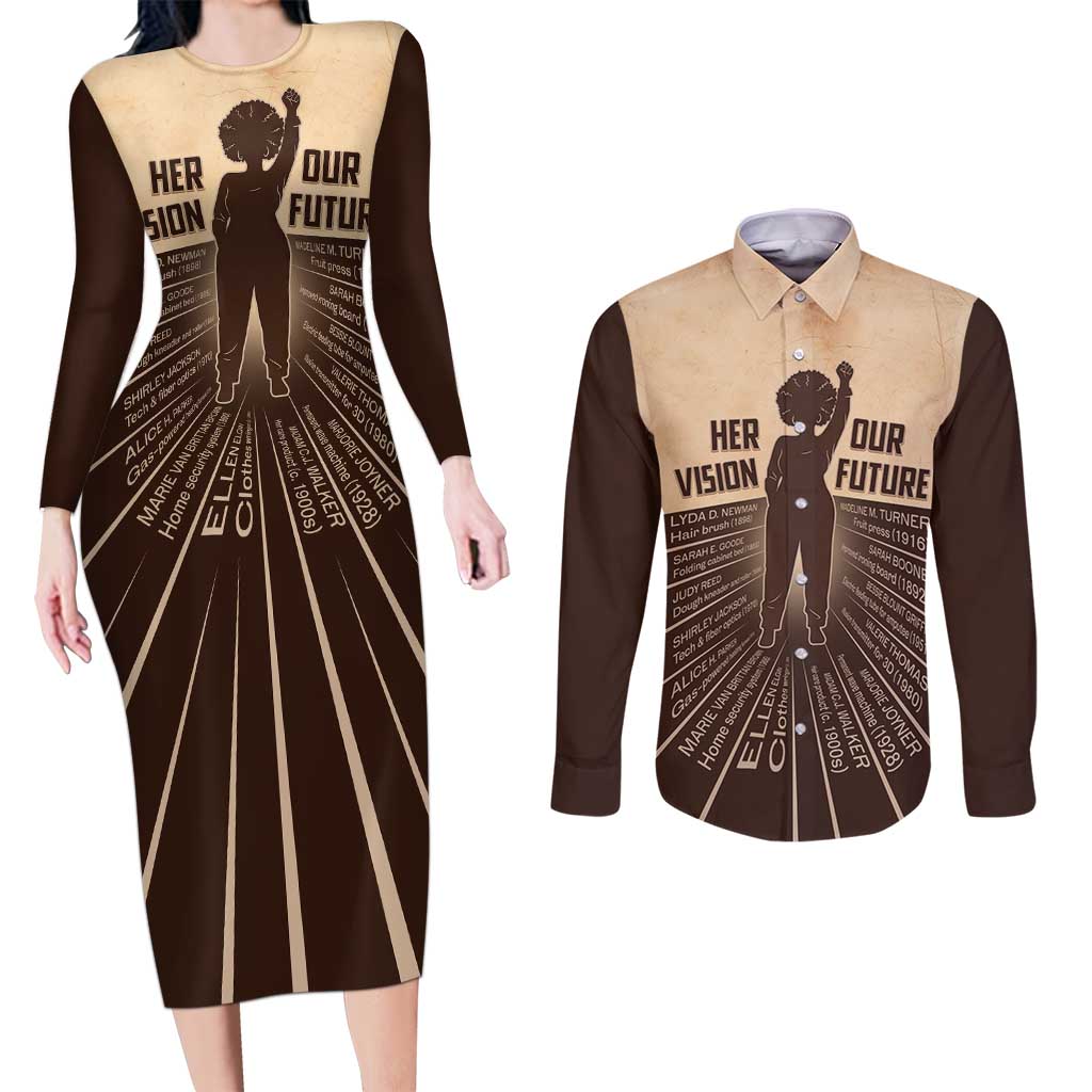 Her Vision Our Future Couples Matching Long Sleeve Bodycon Dress and Long Sleeve Button Shirt African Influential Black Women Inventors and Pioneers - Wonder Print Shop