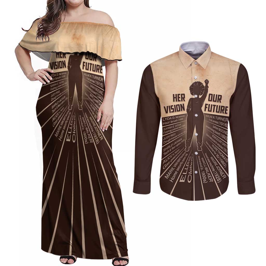Her Vision Our Future Couples Matching Off Shoulder Maxi Dress and Long Sleeve Button Shirt African Influential Black Women Inventors and Pioneers - Wonder Print Shop
