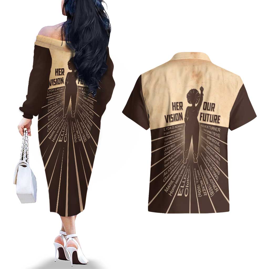 Her Vision Our Future Couples Matching Off The Shoulder Long Sleeve Dress and Hawaiian Shirt African Influential Black Women Inventors and Pioneers - Wonder Print Shop